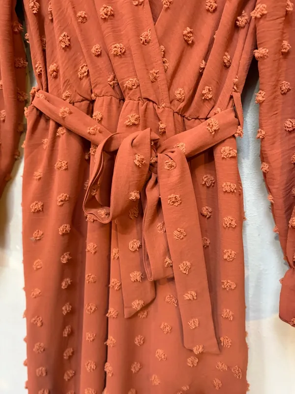 Rust Swiss Dot Maxi Dress Small Long Sleeve Fall Wedding Guest Boho Wrap Sty - Image 4