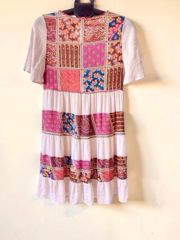 ODDI Patchwork Tiered Mini Dress Flutter Sleeve summer boho Size S Red - Image 5