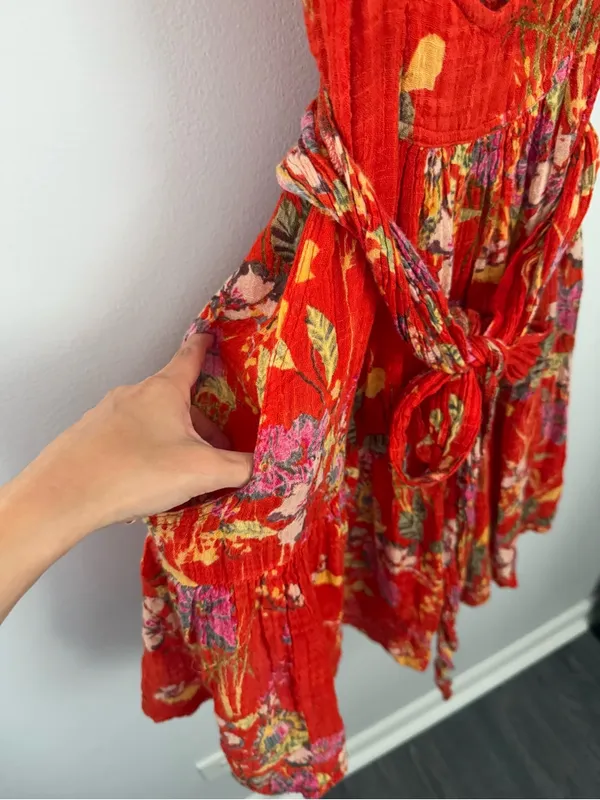 Free People Med Maia Mini Dress Red Gauze Floral Resort Front Wrap Tie Tropical - Image 5
