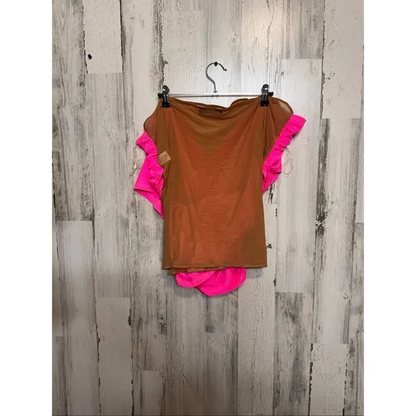 AKIRA Pink & Brown Sheer Mesh Wrap Top 3X Off Shoulder V-Neck Stretch NWT - Image 4