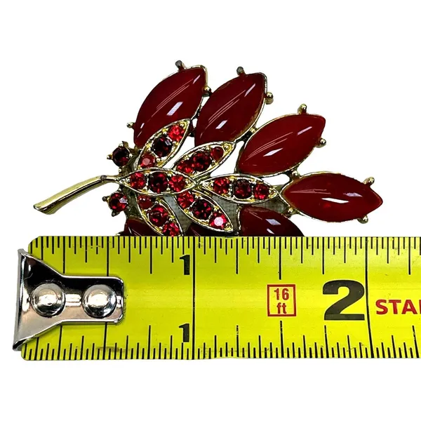 Navette Opaque Red Glass Stemmed Flower Leaf Brooch Pin - Image 3