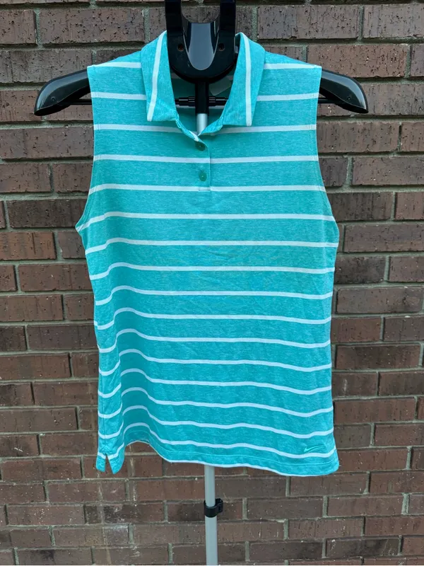 Nike Golf Womens Medium Dri Fit Striped Sleeveless Polo Shirt Top Turquoise EUC - Image 3