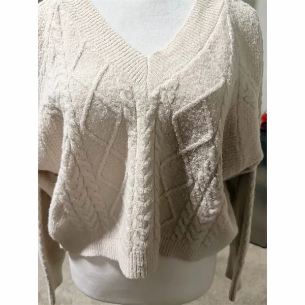 SHEIN Sweater Womens Size S Ivory Cable-Knit V-Neck Cropped Pullover - Image 4