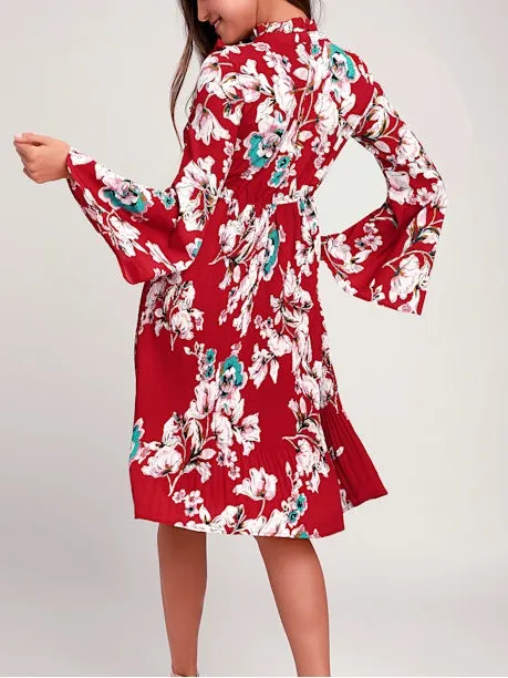 Lulus Garden Glory Wine Red Floral Print Pleated Midi Dress Size Small - Image 4