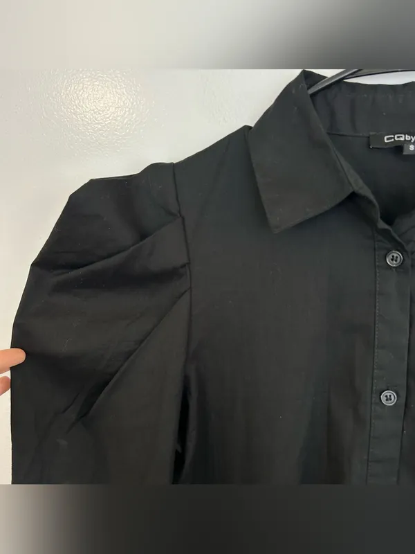 CQbyCQ Black High Low Button Down Avante Garde Puff Shoulder Shirt Dress Small - Image 3