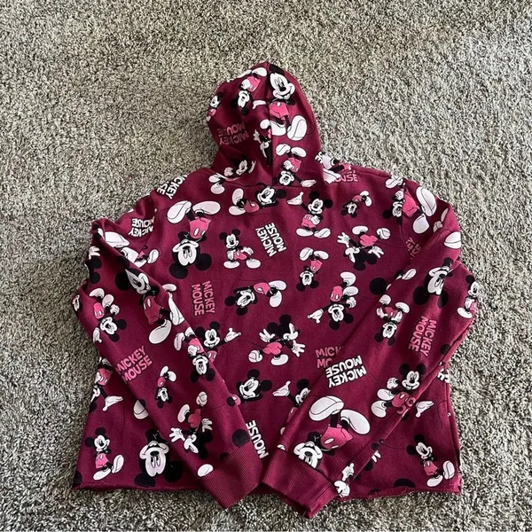 Disney Mickey Mouse Women’s Hoodie Cropped Burgundy Medium M Cotton Blend Casual - Image 4