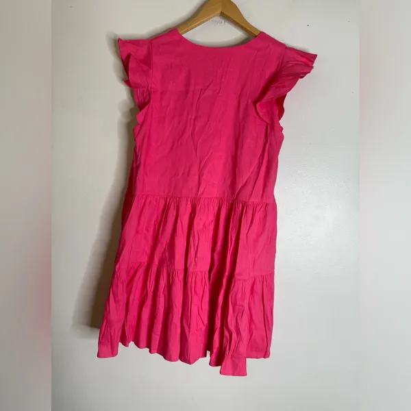 antonio melani Large Pink V Neck Flutter Sleeve A Line Linen Blend‎ Dress CP - Image 2