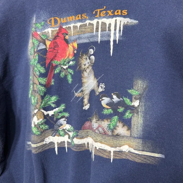 Vintage Hanes Dumas Texas Kitten Cardinal Winter Sweatshirt Navy Blue‎ Large - Image 2