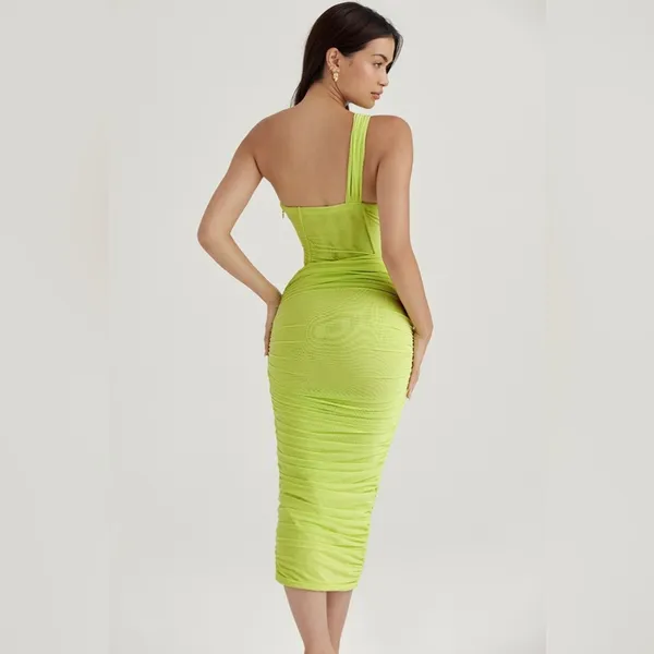 House of CB Green One Shoulder Valentina Lime Asymmetric Cut Out Midi Dress XS - Image 7