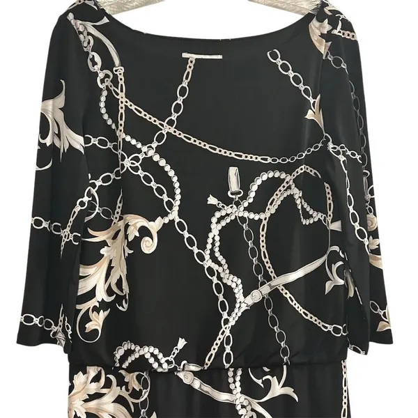 White House Black Market Women's‎ Blouson Dress S Chain Link Print Black - Image 2