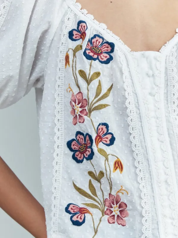 Anthropologie Embroidered Puff Sleeve Swing Blouse Boho Cotton Top Size XS - Image 10