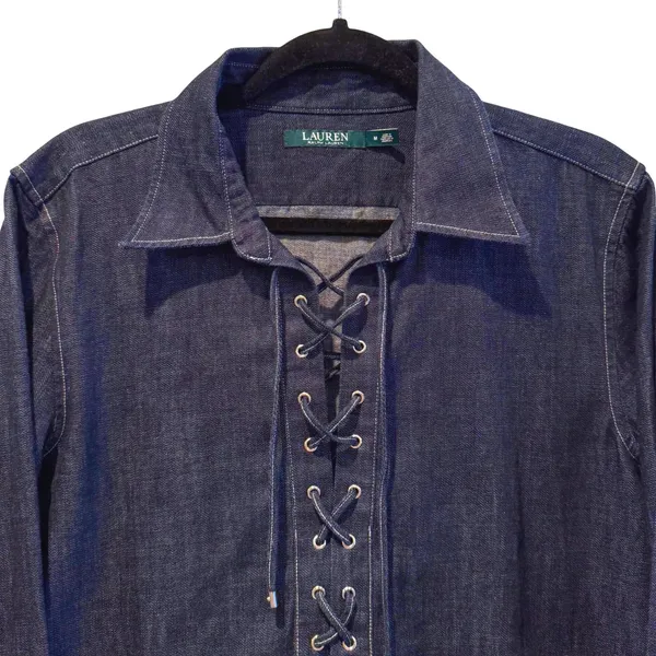 Lauren Ralph Lauren‎ Denim Tunic Top Women's Medium Long Sleeve Lace Up - Image 2