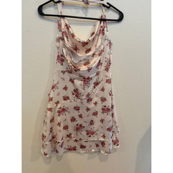 Floral Satin Halter Mini Dress Pink Rose Print Cowl Neck Fit & Flare Cottagecore - Image 3