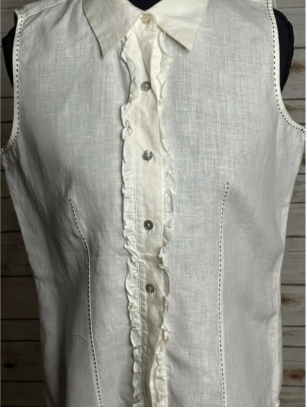 edward white sleeveless 100% Irish linen ruffled front button-up blouse Small - Image 3