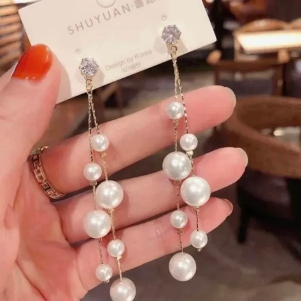 Women's White Pearl Long Tassel Dangle Drop Earrings - Image 2