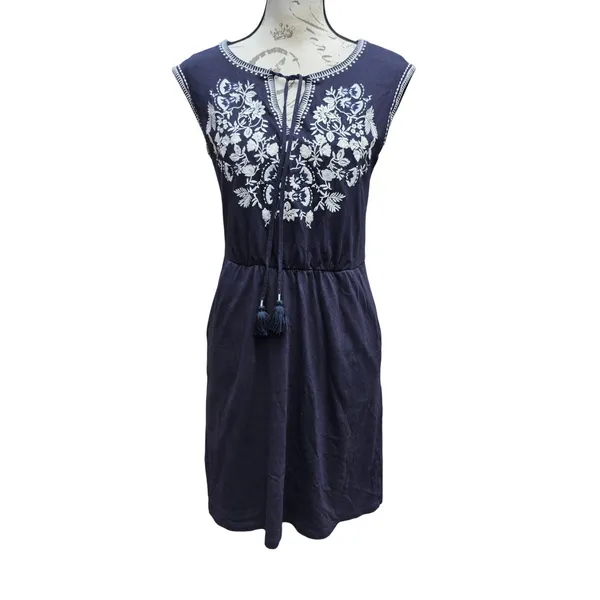 Boden Catriona Navy Blue Embroidered Floral Jersey Dress Sleeveless‎ Tassel 4R - Image 2