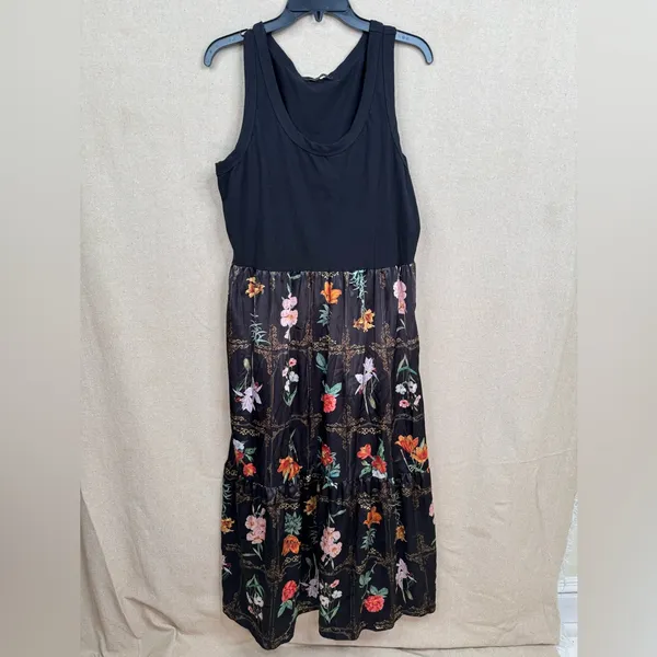 TASH + SOPHIE Black Floral Maxi Dress Sleeveless Size L Satin Skirt - Image 2