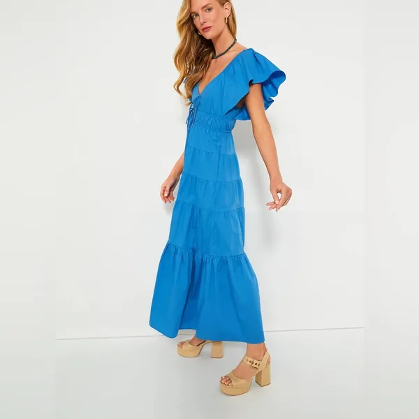 MOON RIVER Blue V-Neck Maxi Dress V-Neck Ruffled Sleeveless‎ Sundress - Image 6