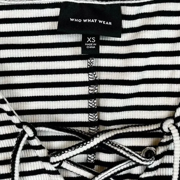 Who What Wear Black White Striped Lace Up Neck Long Sleeve Bodysuit XS - Image 5