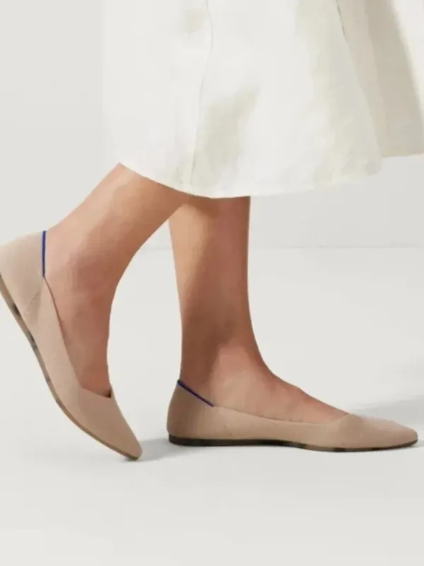 Rothy's Pointed Toe Knit Flats in Light Beige with Blue Trim - Image 2