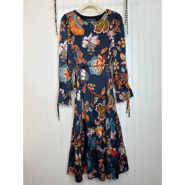 Julia Jordan Floral Print Tie Waist Tiered Midi Dress Blue Multi Drawstring M - Image 2