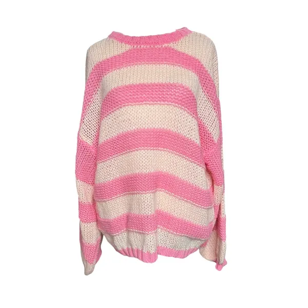 Pink Lily Pink Peach Striped Oversized Sweater Medium Balloon Sleeve Preppy - Image 4