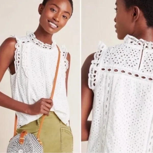 Anthropologie Maeve White Eyelet Ruffle Top - Image 3