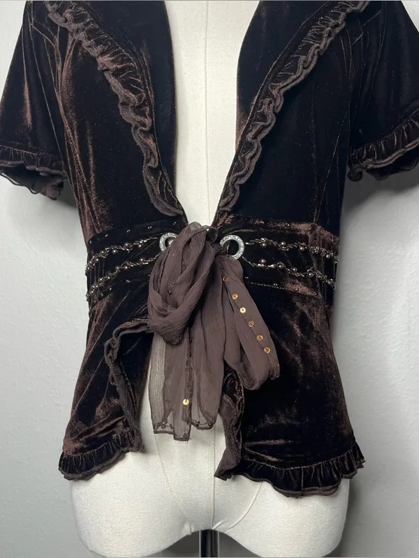 Y2K Vintage Chocolate Brown Velvet Ruffle Collar Tie Front Fairy Grunge Top - Image 2
