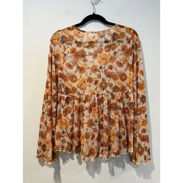 Floral Mesh Top XL Fairy Festival Bell Sleeve Stretch 70s Sunflower Cottage Boho - Image 2