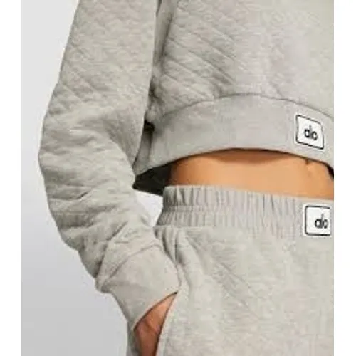 Alo Yoga Hoodie Womens Large Grey Quilted‎ Arena Cropped Pullover Sweatshirt - Image 5