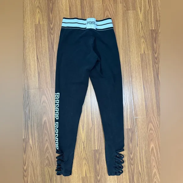 VS PINK black leggings white striped fold-over waist strappy ankle detail small - Image 2