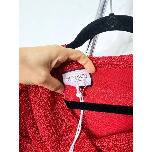 Runaway The Label Maxi Dress Red One Shoulder Rosette Metallic Knit Gown - Image 4