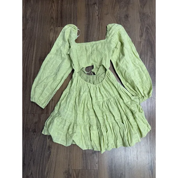 Princess Polly Green Balloon Sleeve Mini Dress Tiered Cottagecore Peasant Fairy - Image 2