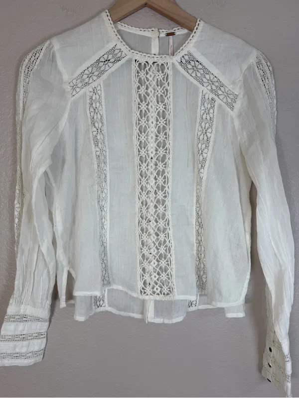 Free People Without You Lace Crochet Panel Ivory Peasant Blouse XS $148 - Image 7
