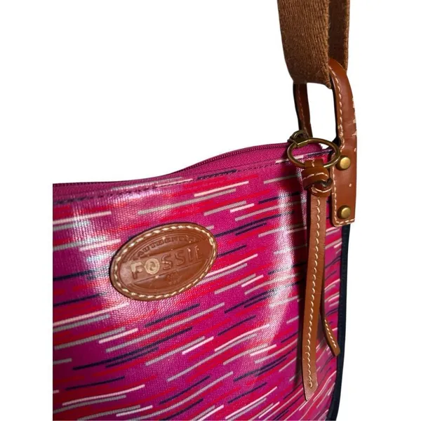 Fossil Keyper Crossbody Bag Fuchsia and Berry Striped Pattern Canvas - Image 4