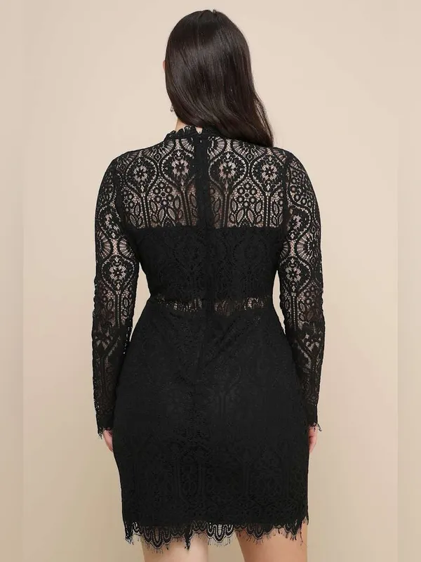Lulu's Black Lace Long Sleeves Midi Dress with Scalloped Hem. - Image 4