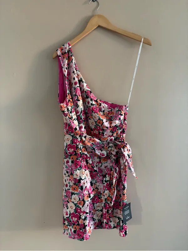 Lulus Gorgeous Garden Pink Floral One-Shoulder Faux-Wrap Mini Dress Size XL NWT - Image 4