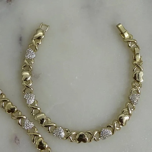14k Gold Plated Set Heart Shaped XOXO Choker 21" And Bracelet 8" Zirconia - Image 4
