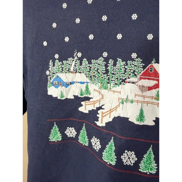 J. Macinallys Womens Navy Blue Winter Village‎ Graphic Sweatshirt Mock Neck L - Image 3