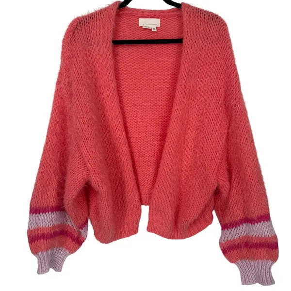 Anthropologie Striped Sleeve Open Front Cardigan Sweater Coral Pink One Size - Image 4