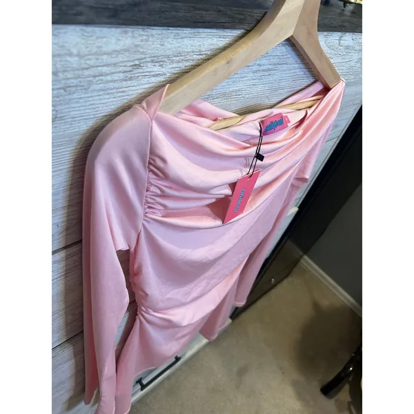 Edikted Pink Ruched Long Sleeve Mini Dress Boat Neck Bodycon Size M NWT - Image 3