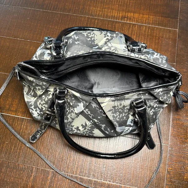 Floral Plaid Check Satchel Bag‎ Black White Patent Trim Purse Tote Crossbody - Image 15