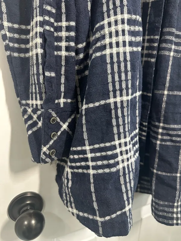 Free People Oversized Navy & White Flannel Plaid Button-Up Shirt - Image 5
