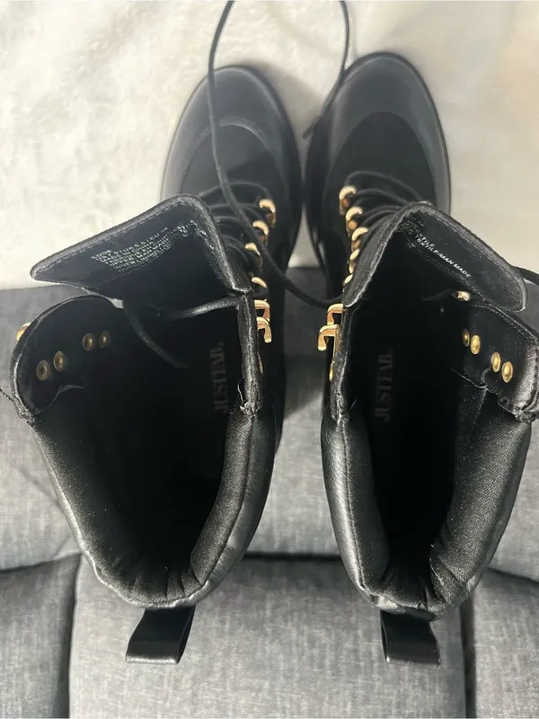 Black Heeled Lace-Up Ankle Boots with Gold Hardware - Image 5