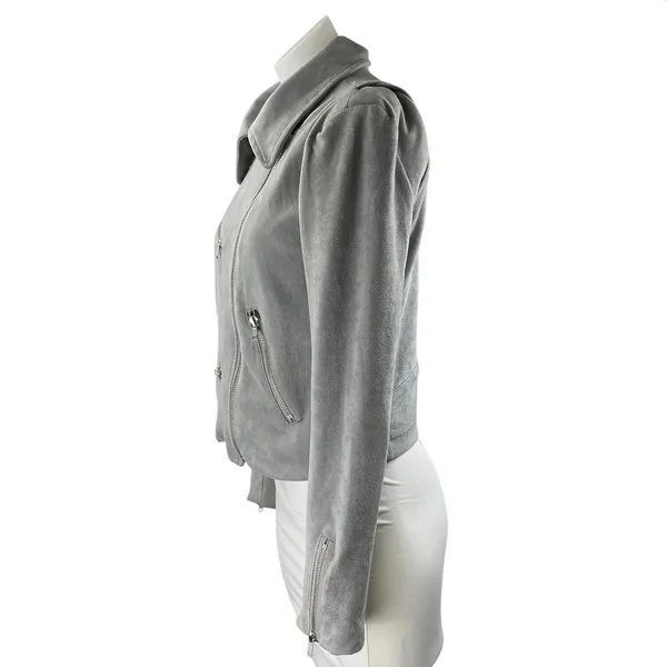 Olivaceous Women's Gray Faux Suede Collar Asymmetric Zip Up Moto Coat Jacket M - Image 2