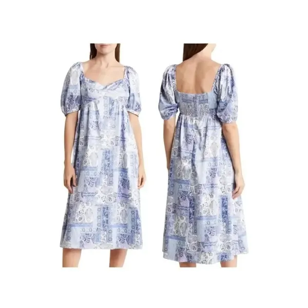 NSR LAYLA PRINTED MIDI DRESS IN BLUE PATCH nwt Size Med (2910) - Image 2