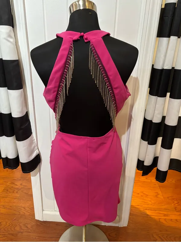 Sincerly Jules Hot Pink Rhinestone Fringe Open-Back Mini - Image 3