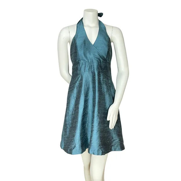 Lula‎ Kate Silk Dupioni Dress Teal Halter Neck Cocktail Size 8 Fit and Flare Zip - Image 17