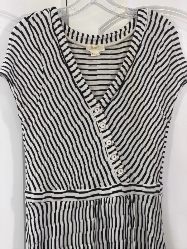 Anthropologie Black & White Striped Faux Wrap Midi Dress - Image 2