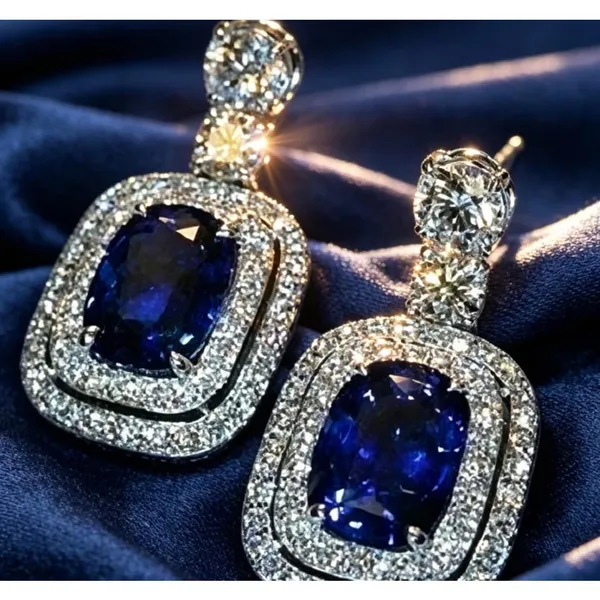 Blue Sapphire and Diamond Halo Drop Earrings - Image 2